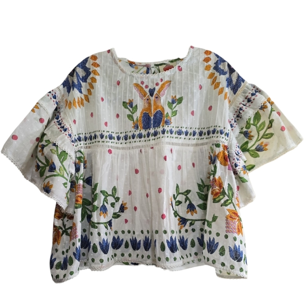 Farm Rio Summer Garden Clip Dot Printed Blouse Small Ruffle Sleeves Flowy Fit - Picture 4 of 11